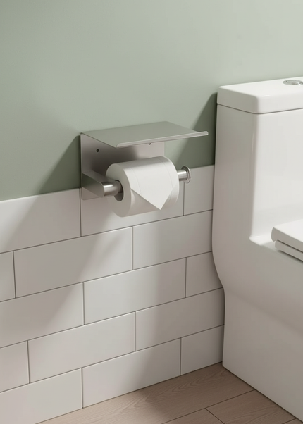 Toilettenpapierhalter aus Edelstahl mit Ablage - ohne Bohren - Ansicht 1